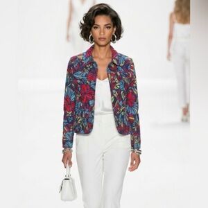 🌺 Multi-Color Floral Tropical Print Denim Jacket Resort Wear Vacation Chic Sz 12